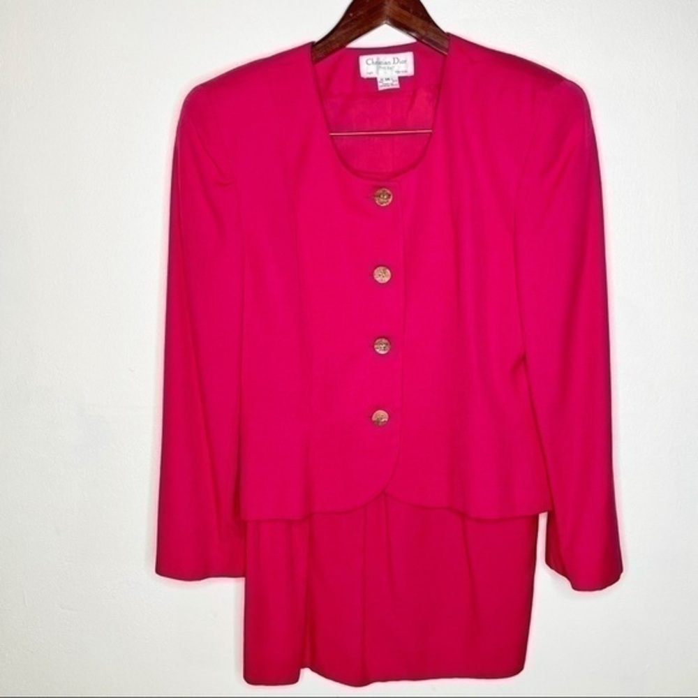 Vintage Christian Dior 80s The Suit Blazer Pencil Skirt Matching Set Hot Pink 14